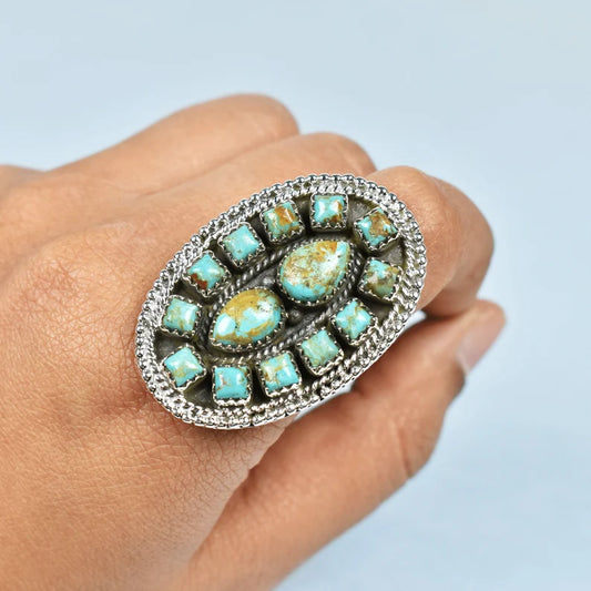 Native American Mohave Turquoise Cluster 925 Sterling Silver Rings
