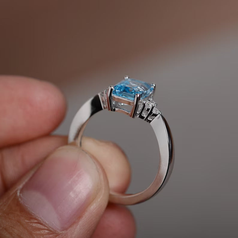 Blue Topaz Emerald Cut 925 Solid Sterling Silver Promise Ring