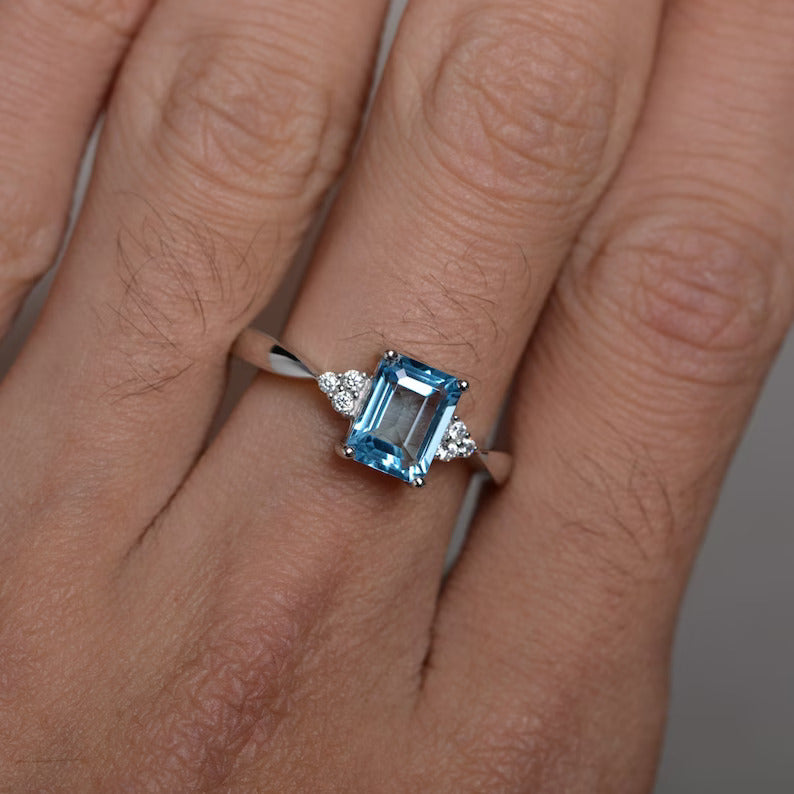 Blue Topaz Emerald Cut 925 Solid Sterling Silver Promise Ring